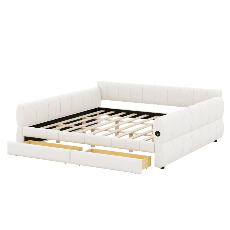 Platform Bed Frame Upholstered with USB Charging Station and 2 Storage Drawers, White