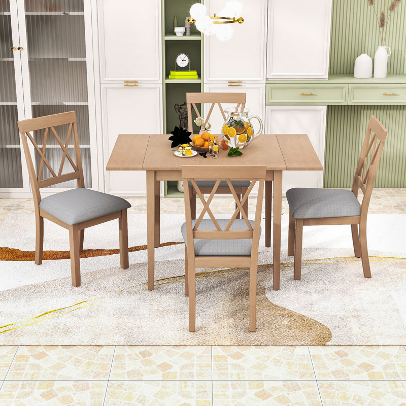 Ensemble de table de salle à manger extensible 5 pièces avec rallonge et 4 chaises rembourrées, Naturel