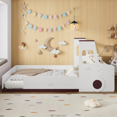 Lit de voiture pleine grandeur pour enfants avec tiroirs de rangement | Conception en forme de voiture avec fenêtre et bureau, style enfantin, blanc