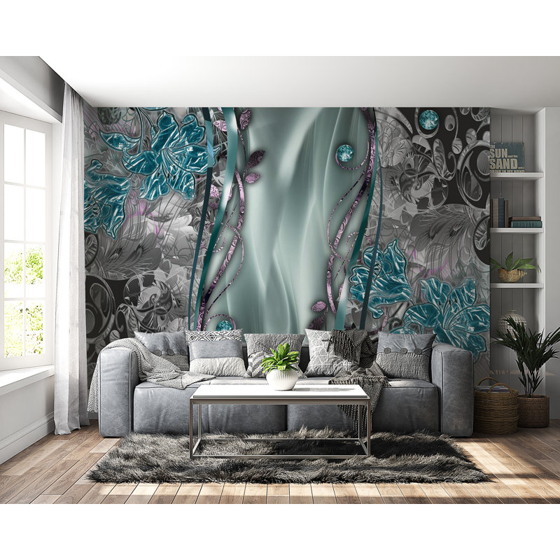 Murale Peel & Stick Glam - Rideau floral turquoise, L 82 po x l 115 po