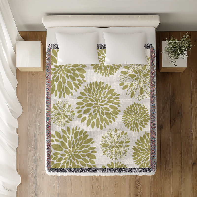 Jeté floral en coton, Chartreuse, 50 x 60
