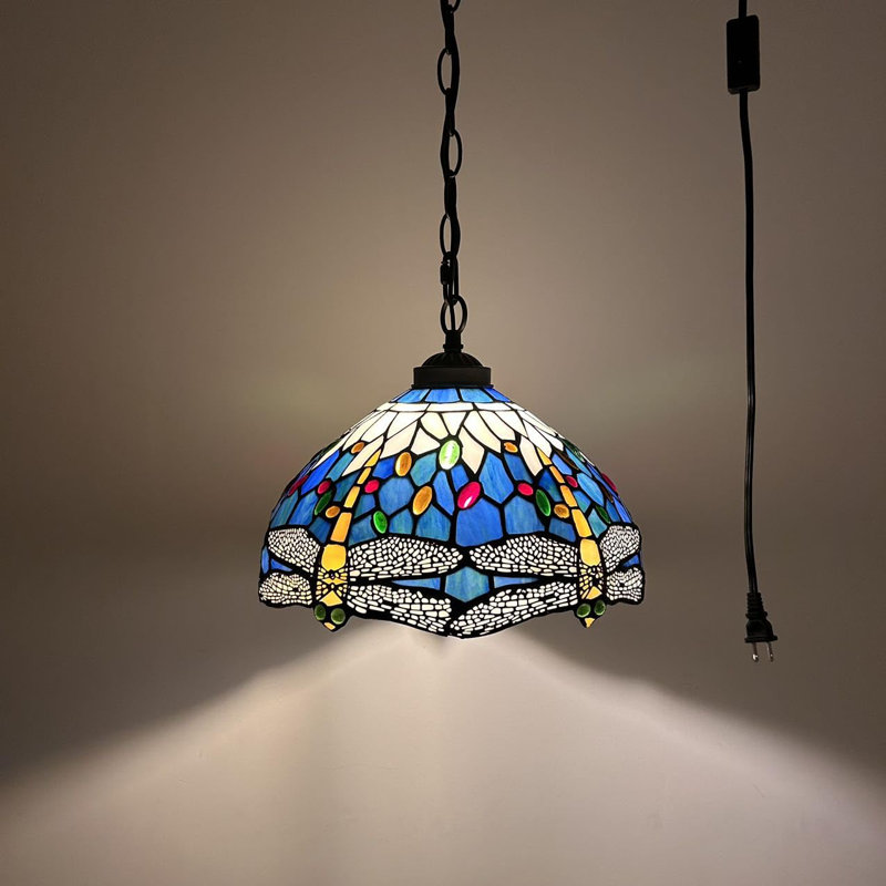 Tiffany Pendant Lighting Plug in Stained Glass Dragonfly LED Bulb Included 12"W*12"D*60"H, Blue/Yellow/White