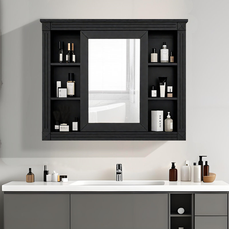 Elin 35 po X P 28,7 po H Grande armoire à pharmacie rectangulaire à fixation en surface avec miroir, Noir, noir, noir, noir
