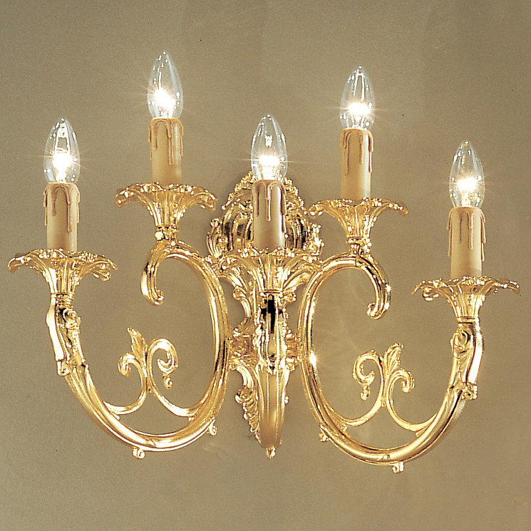 Lampe murale 5 lumières bougie Princeton, Plaqué en or 24 carats, Sans cristal