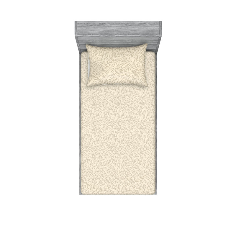 Ambesonne Fitted Sheet & Shams, Cream/Pale Sepia Flower, Twin Sheet Set with 1 Pillowcase