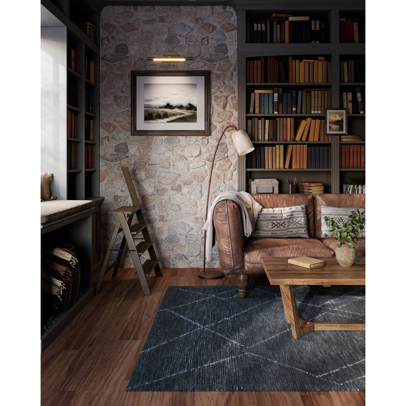 Navy White Hand-Tufted Abstract Wool Rug, Rectangle 5' x 8'
