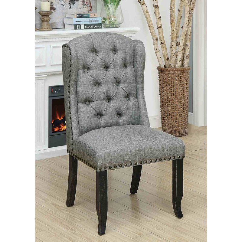 Chaise de salle à manger capitonnée de style rustique, Gris clair