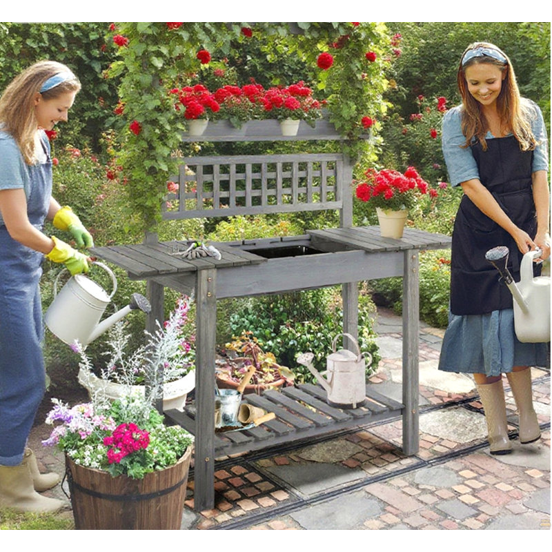 Outdoor Potting Bench Table, Wooden Workstation , Storage Shelf And Dry Sink,