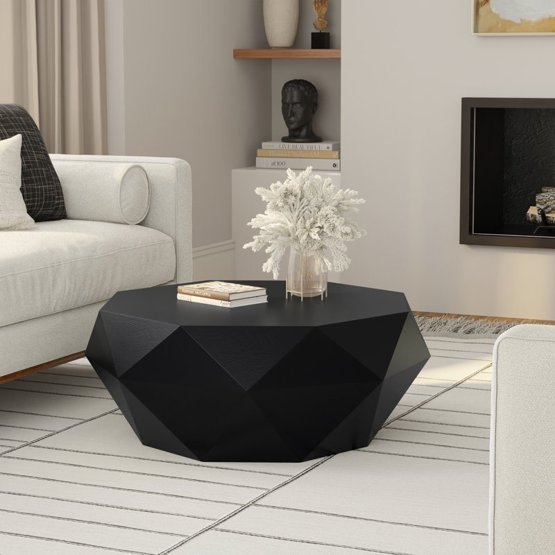 Zayn 35"W Solid Acacia Contemporary Drum Coffee Table with Faceted Geometric Design, Black