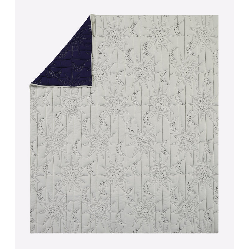 Full White Cotton Reversible Quilt Set with Graphic Detail