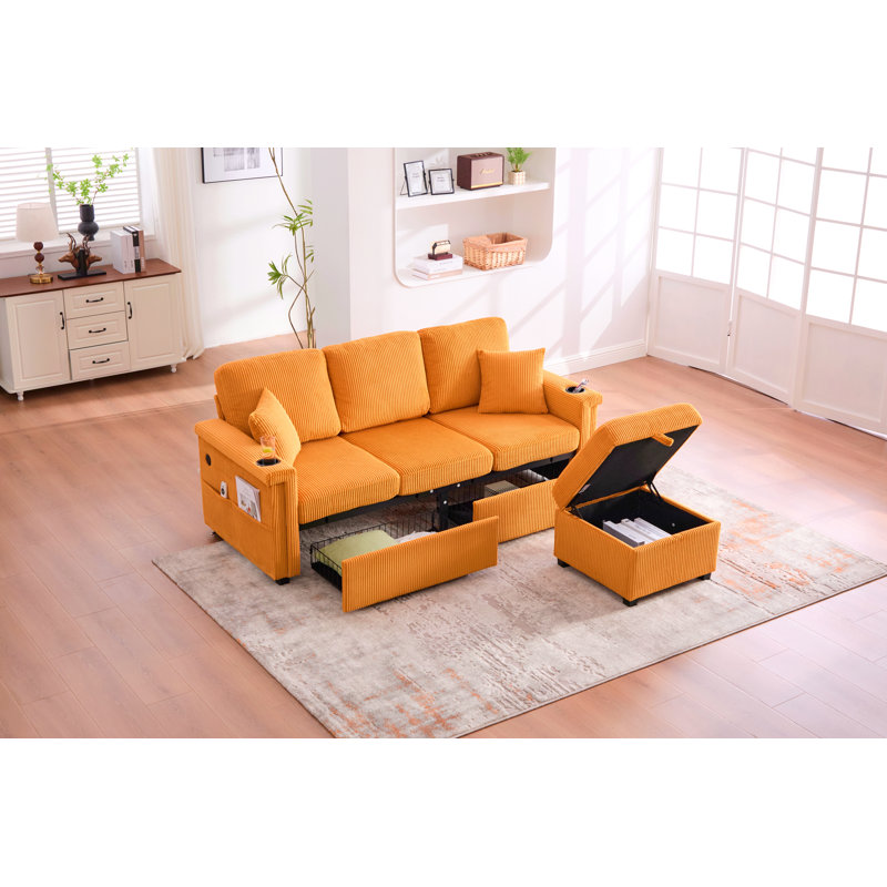76.39" Reversible L-Shaped Sectional Sofa with Pull-Out Storage, Ottoman & Pillows with USB Charging,Cup Holder for Living Room