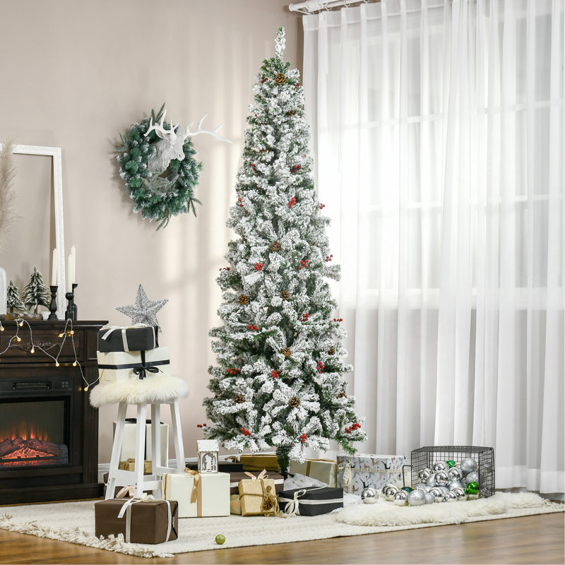 Arbre de Noël artificiel enneigé 7,5 pi avec 600 branches de pin réalistes, pommes de pin, baies rouges, ouverture automatique, vert