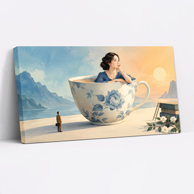 Woman in Giant Blue Floral Teacup by Mountains and Books Canvas Wall Art
