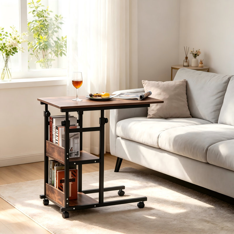 Table d'appoint mobile 28,29 pouces en forme de C avec tablettes de rangement à 3 niveaux, hauteur réglable et roulettes
