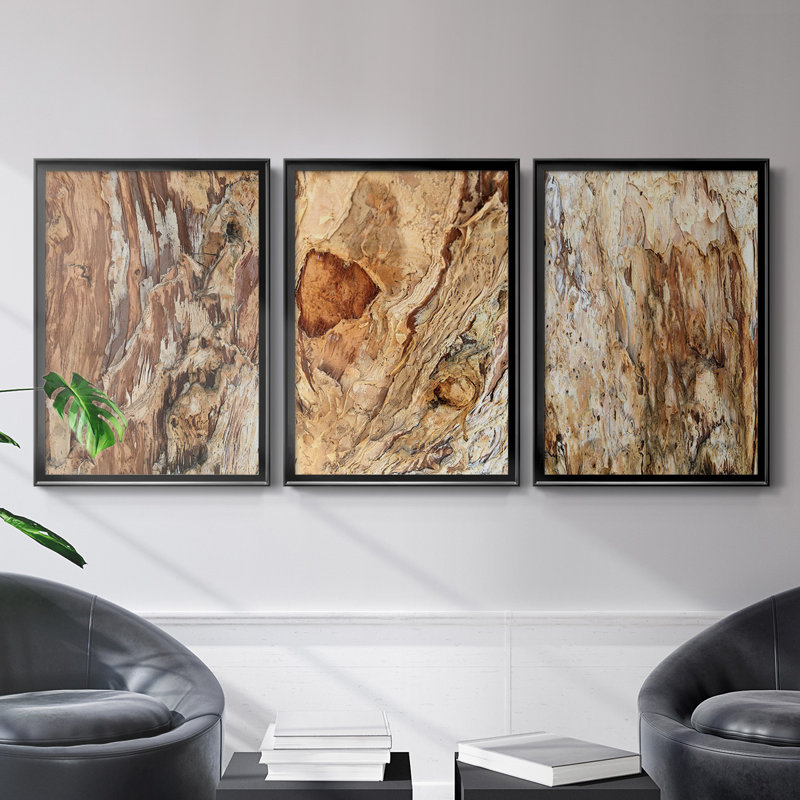 «Tree Texture Triptych I», toile encadrée de qualité supérieure - prête à être accrochée, Cadre noir