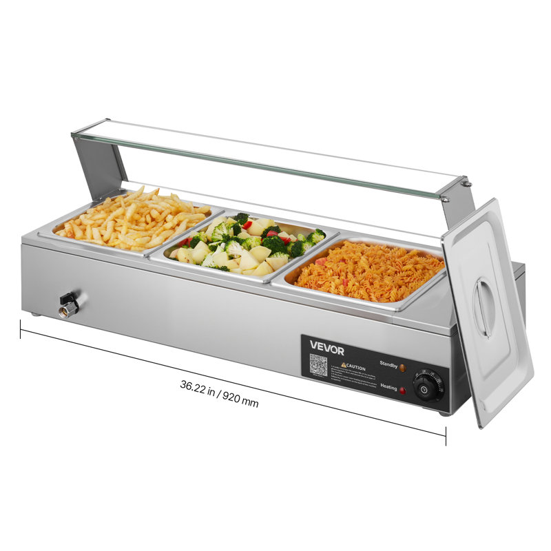 Réchaud commercial, réchaud électrique à vapeur en acier inoxydable 1500W avec couvercle en verre, bain-marie de comptoir avec trois plateaux de cuisson de taille 1/2, pour la restauration, le restaurant, la fête et les buffets