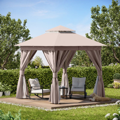 Pavillon de jardin extérieur Decksplore avec double toit, moustiquaire, rideaux d'intimité et structure en métal robuste