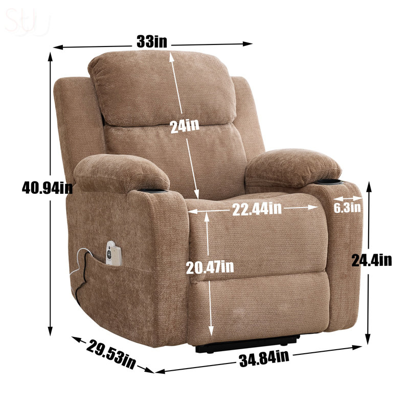 Up To 350 LBS Chenille Power Lift Recliner Chair, Heavy Duty Motion Mechanism With 8-Point Vibration Massage And Lumbar Heating, Stainless Steel Cup Holders, Recliner