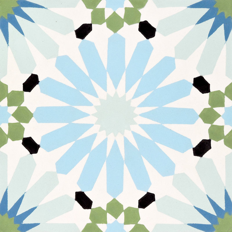 8" x 8" Cement Patterned Wall & Floor Tile, Blue/Green/Black/White