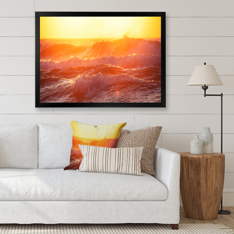 Golden Sea Sunrise And Splashing Wave - reproduction d'art sur toile nautique et côtière, H 16 po x l 32 po