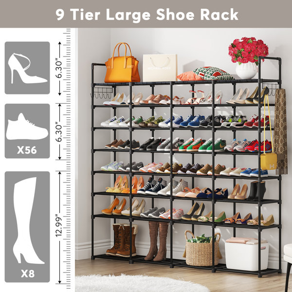 Rebrilliant 9 Tier 60 Pair Large Shoe Rack Metal Shoes Organizer with Hang  Hooks for Bedroom & Reviews