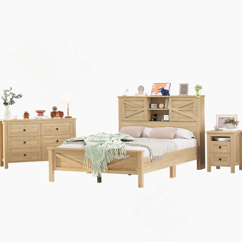 3-Pieces Bedroom Sets Full Size Farmhouse Platform Bed With Double Sliding Door Storage Headboard And Charging Station, Storage Nightstand And Dresser, Natural