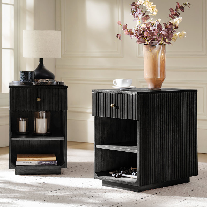 Meg 24"Tall 1-Drawer Fluted Solid Wood End Table Fully Assembled, Charcoal