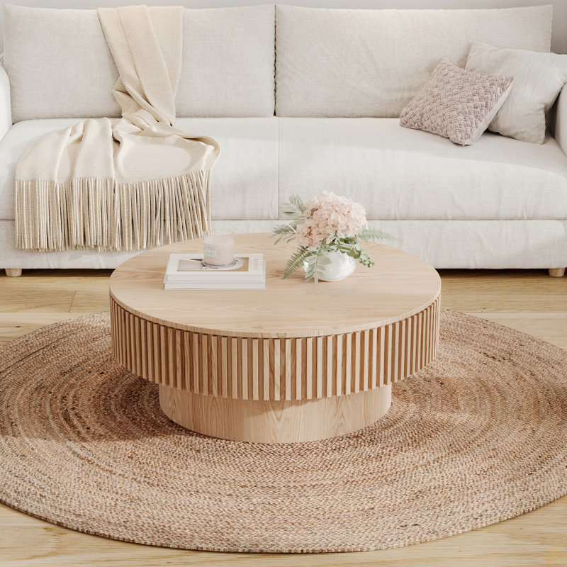 Table basse 31,5 "ronde avec rangement Table d'appoint moderne en placage de bois massif, Bois naturel