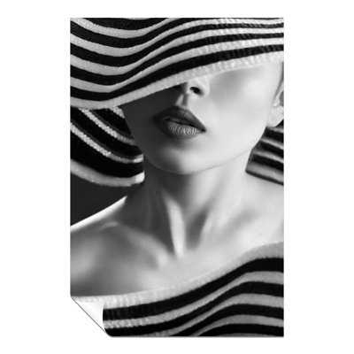 Shy Woman in a Black and White Hat Portrait 1 Piece Wall Art