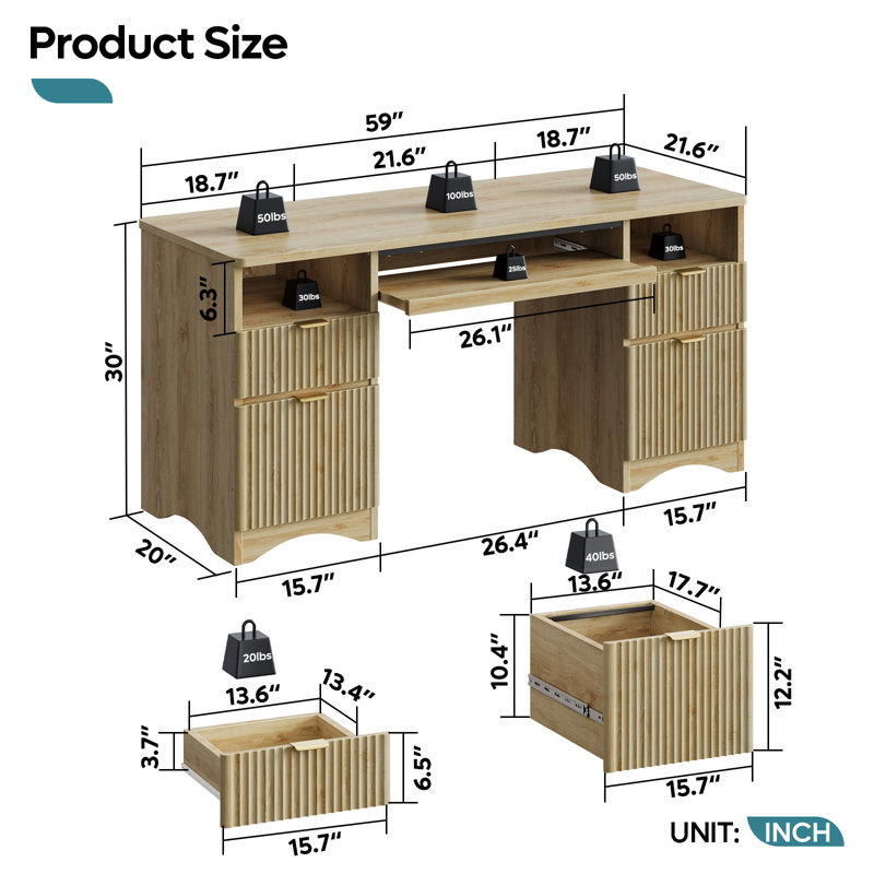 Luing 59''Fluted Executive Desks with File and Storage Drawers , Computer Writing Desk with Keyboard Tray, Home Office Desks with Cable Management and 2 Open Compartments