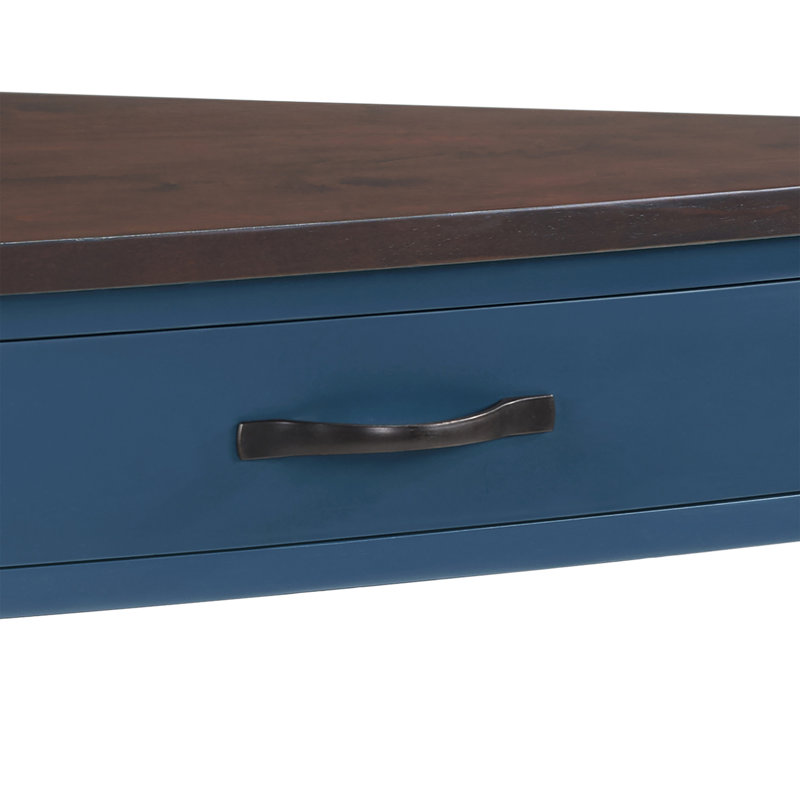 Petite table de coin triangulaire 33,8 po, table de coin en bois pour petits espaces / salon, table de bout à 3 niveaux avec pieds en bois massif, bleu marine et plateau espresso