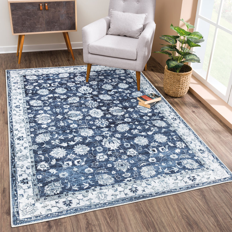  Tapis lavable antidérapant - Tapis de bordure traditionnel bleu foncé pour l'entrée, le couloir, la salle de bain et la cuisine