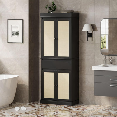 Tall Pantry Cabinet, Rattan Kitchen Pantry Storage Cabinet with Doors and Adjustable Shelves