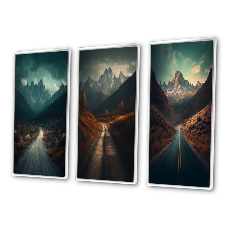 «Misty Mountain Solitude Empty Road To The Top», 3 pièces, H 60 po x l 40 po, Cadre flottant blanc
