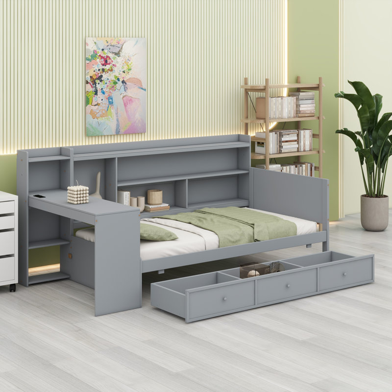 Structure de lit de jour avec tiroirs de rangement, bureau intégré et ports USB, Gris