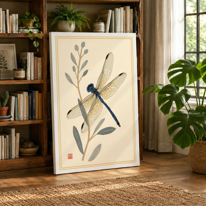 Dragonfly and Seedpod Japandi - Wrapped Canvas, 18x12 - 45.7 x 30.5 cm, Sage Border