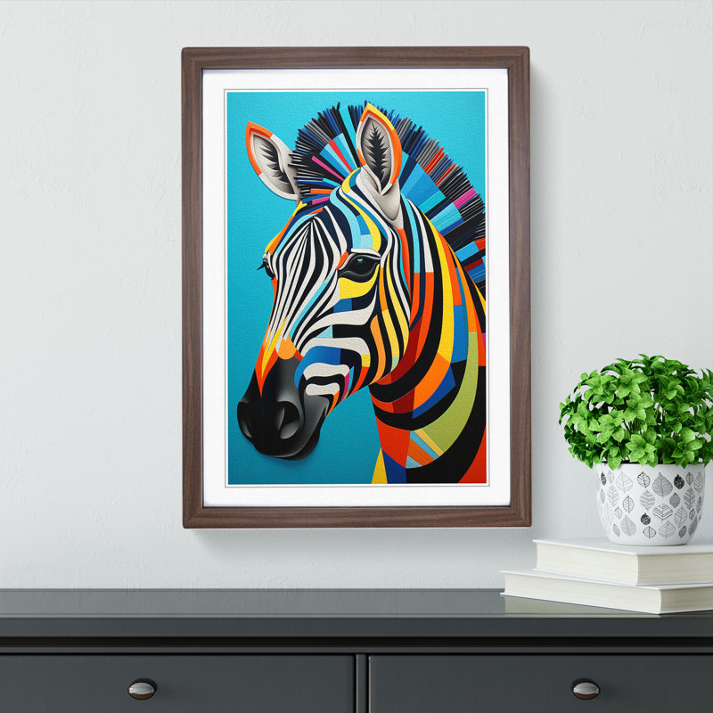 XYZ-FRM-V1223-1731 Zebra Geometric No.2 - Single Picture Frame Print on Wood, 46cm H x 34cm W x 2cm D, Walnut 