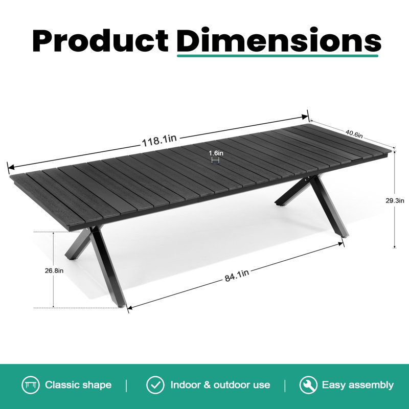 Table de salle à manger pour l'extérieur 8-12 personnes, Noir, H 29,3 po x l 118,1 po x P 40,6 po