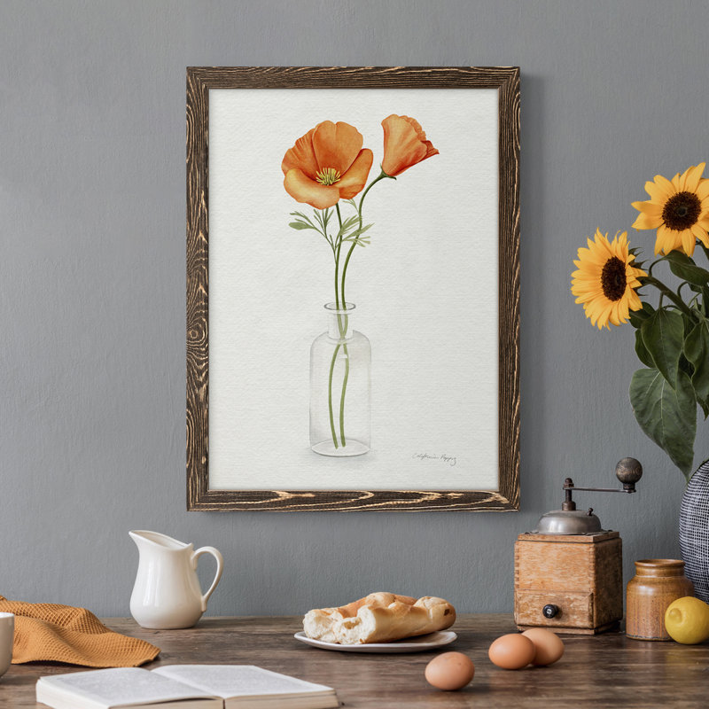 «California Poppy Vase II», toile encadrée de qualité supérieure - prête à être accrochée, H 38 po x l 28 po x P 1 po, Noyer