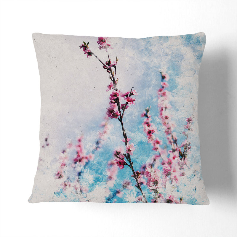 Delicate Cherry Blossom Tree Watercolour Square Throw Cushion, Black, 40cm H x 40cm W x 15cm D