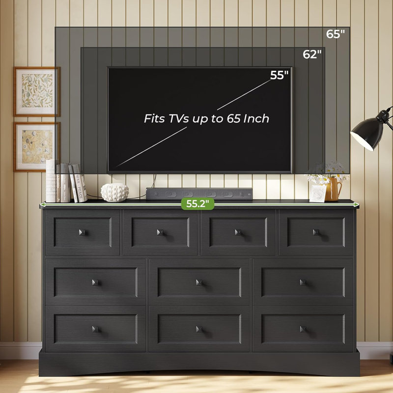 Bedroom Dresser With 10 Drawers, 55.2" Long Dresser Tv Stand With Charging Station, Farmhouse Dresser Chest Of Drawers, Large Wood Storage Tower Organizer Dresser For Bedroom Living Room