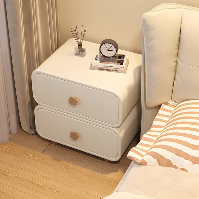 No-Assembly 2-Drawer Nightstand | Cream Upholstered Bedside Table with Solid Wood Handles for Bedroom & Living Room