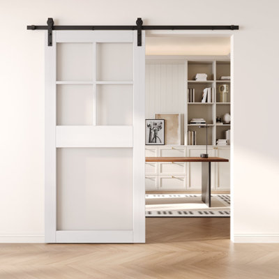 Porte de grange coulissante en bois massif non assemblé 32 x 84 de couleur blanche 5-Lite