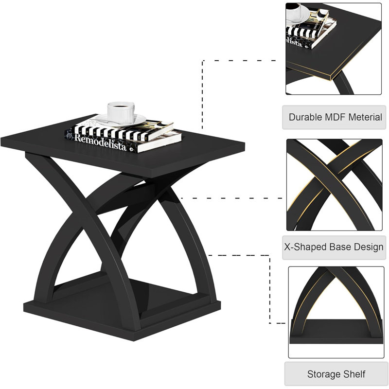 End Side Table Set Of 2, Modern End Table With Storage Shelf, Black