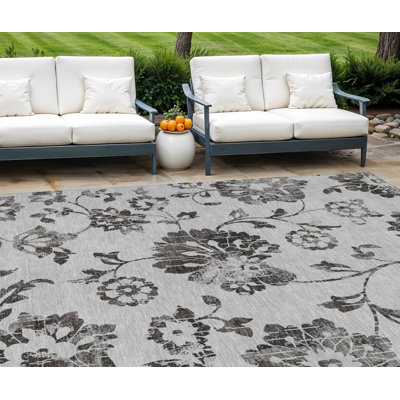 9' X 12' Gray Charcoal And Silver Floral Washable Indoor Outdoor Area Rug