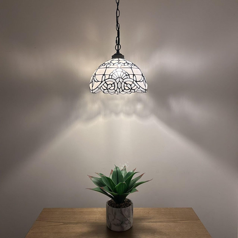 White Stained Glass Bronze LED Pendant Light, 60" Height