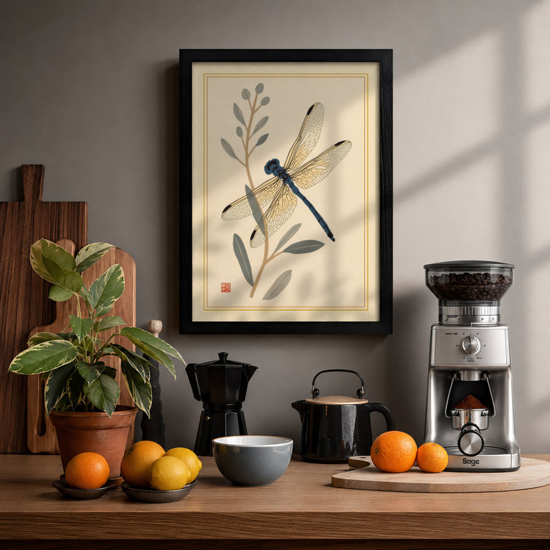 Dragonfly and Seedpod Japandi - Framed Print, A2 - 59.4 x 42.0 cm, Black