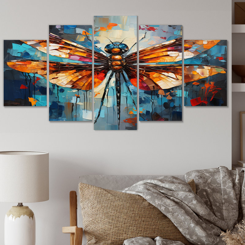 «Orange Dragonfly Insectes Flight Collage II», reproduction d'art murale animaux - 5 panneaux