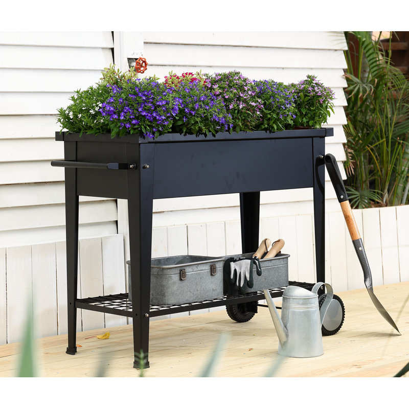 Lit de jardin surélevé mobile H 29,1 po avec roulettes Grasmere, jardin surélevé en métal avec tablette de rangement