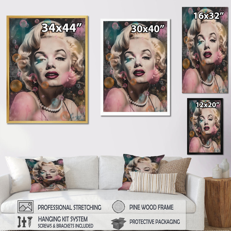 Rétro Marilyn Manroe sur toile, Cadre flottant doré, H 40 po x l 30 po x P 1,5 po
